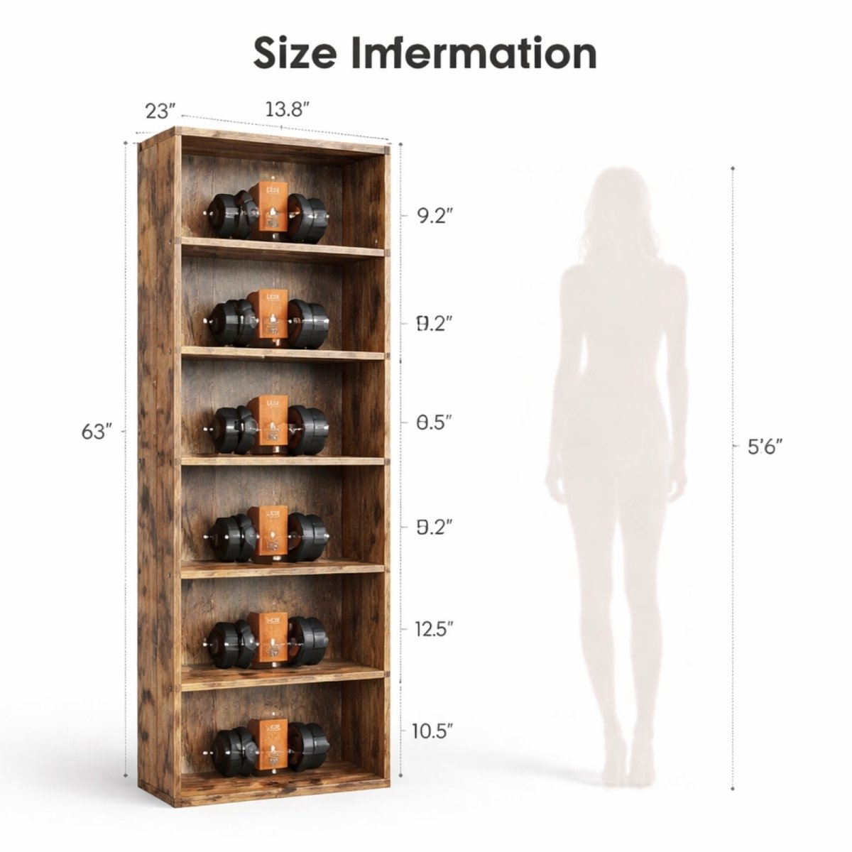Detailed dimensions of the Kouvr 63-inch tall rustic oak bookcase, showing a width of 23 inches and depth of 13.8 inches for scale.