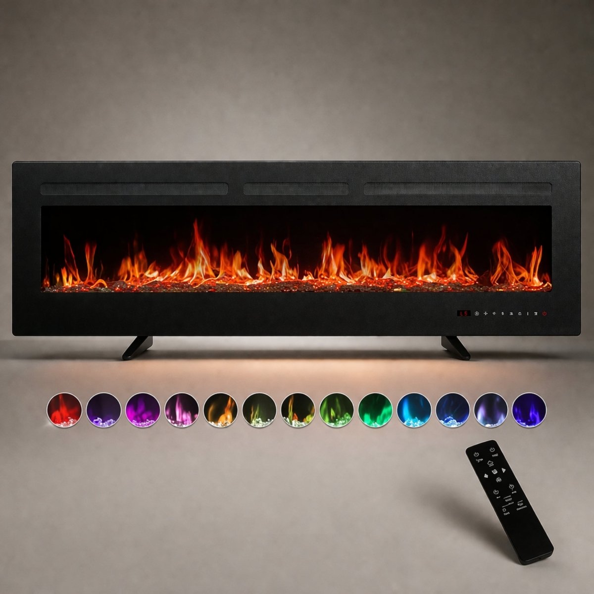 Kouvr 60-inch black ultra-thin electric fireplace displaying vibrant multi-color LED flames and sparkling crystal embers with remote control