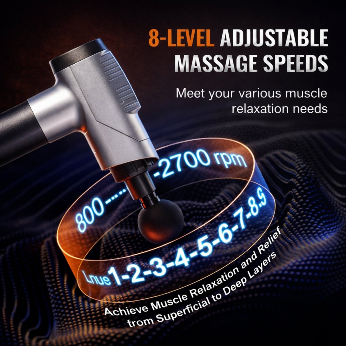 Digital graphic showing the 8 adjustable massage speeds from 800 to 2700 RPM on the Kouvr massager