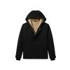 Flat lay of the Kouvr Honovi black hooded jacket showing the plush sherpa fleece lining, zipper, and snap buttons.