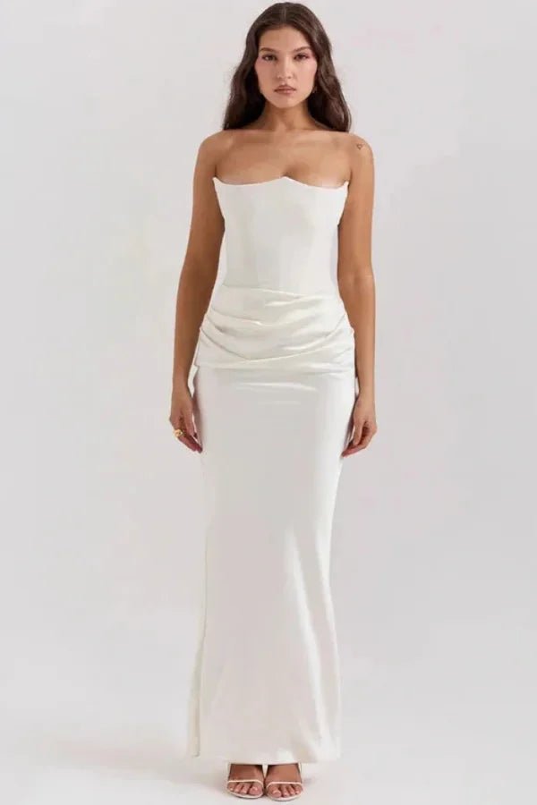 White Strapless Corset Gown | Draped Formal Maxi Dress for Wedding & Tie Event | Sculptural Bodice Long Satin Evening Gown | Kvour White Strapless Corset Gown | Draped Formal Maxi Dress for Wedding & Tie Event | Sculptural Bodice Long Satin Evening Gown | Kvour