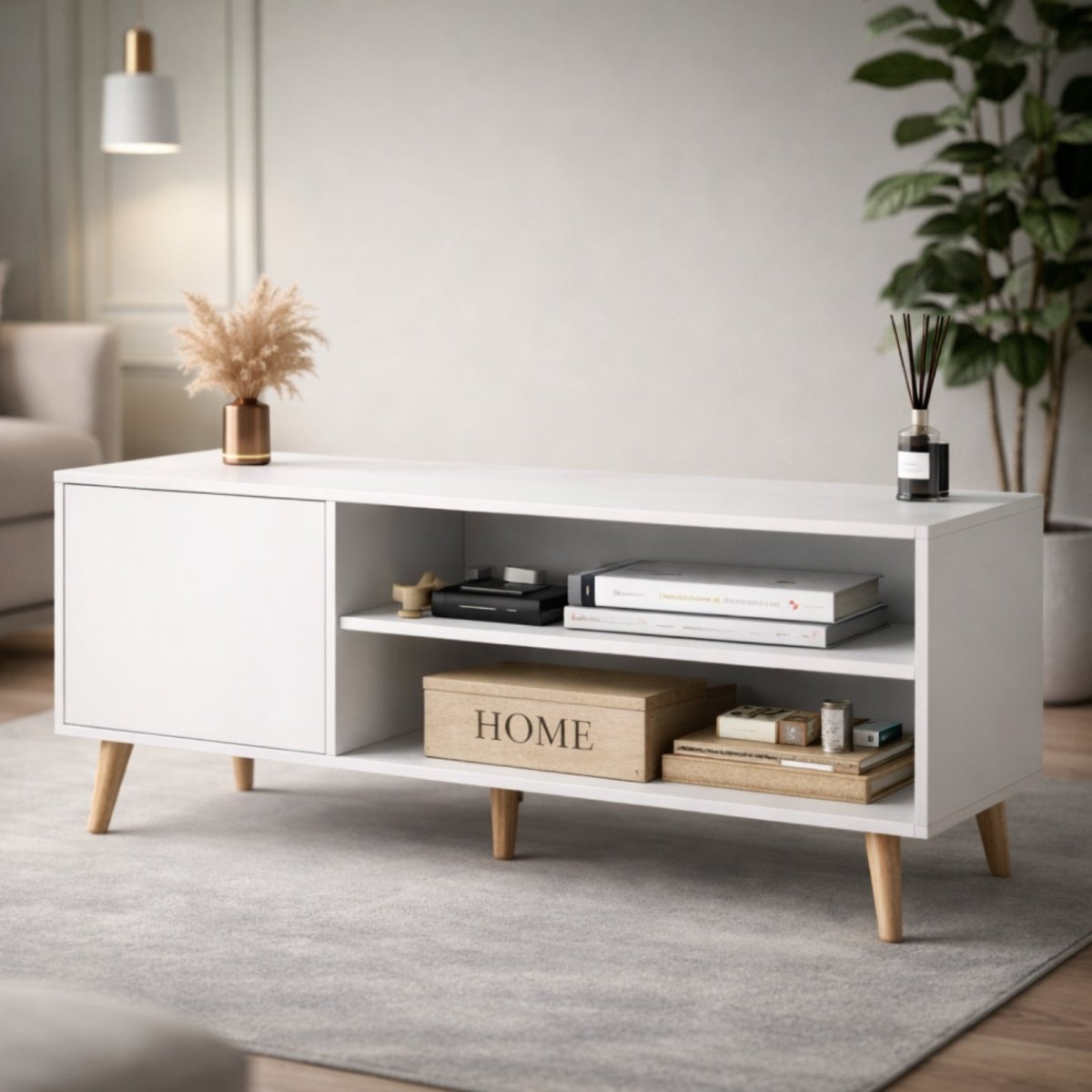 The Kouvr Aalto mid-century modern TV stand in a clean white finish, shown in a brightly lit, minimalist living room with a plant and neutral decor.