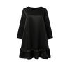 Flatlay of a black long sleeve satin dress with a round neck and ruffle hem detail.
