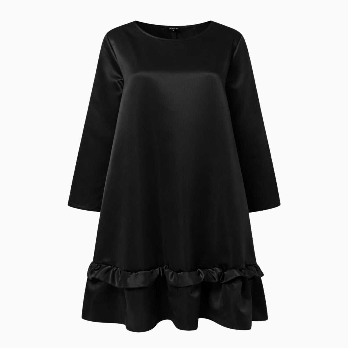 Flatlay of a black long sleeve satin dress with a round neck and ruffle hem detail.