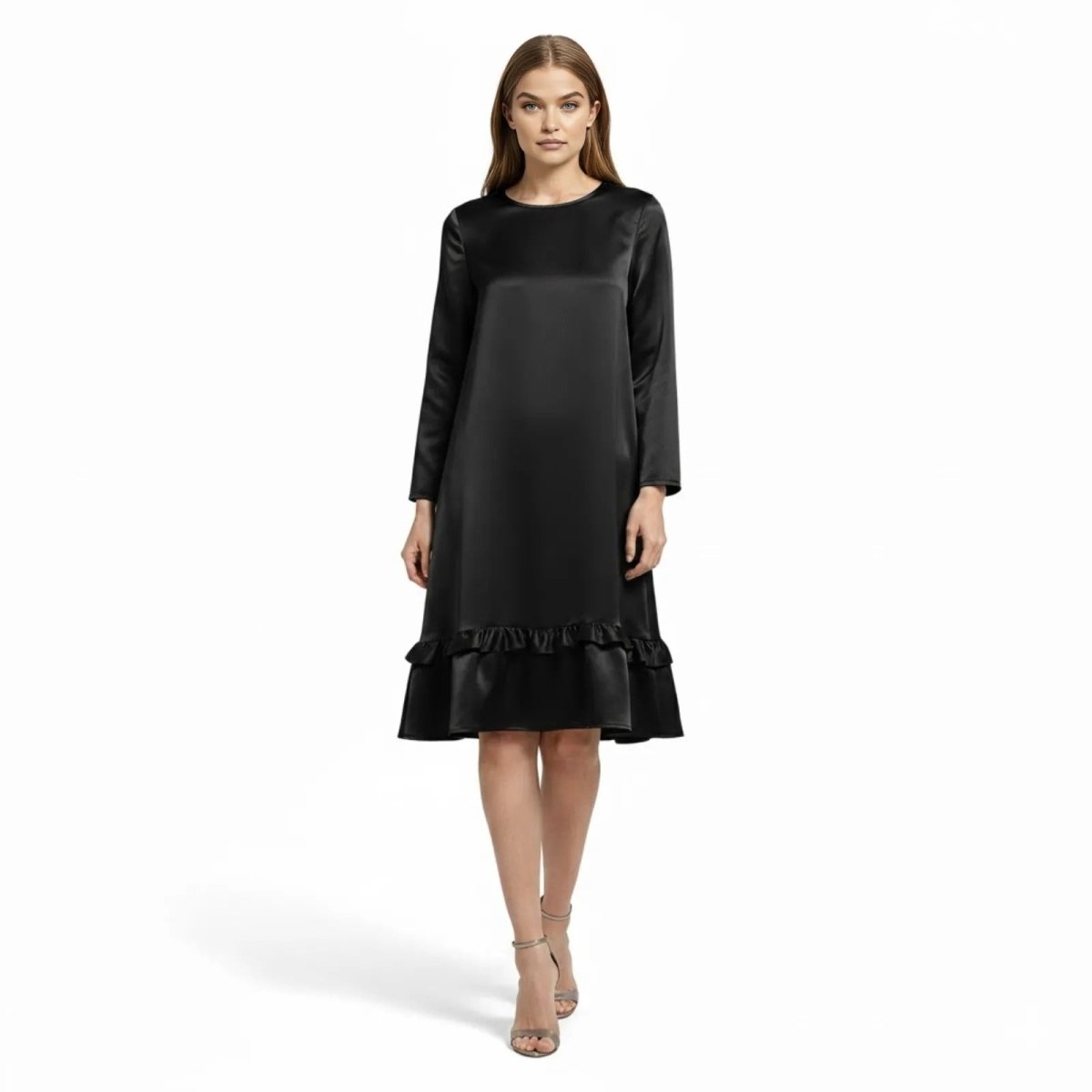 Satin Ruffle Hem Dress Long Sleeve Knee-Length A-Line Cocktail Party Modest  Minimalist Crew Neck Silky Day to Night Shift Dress by Kouvr