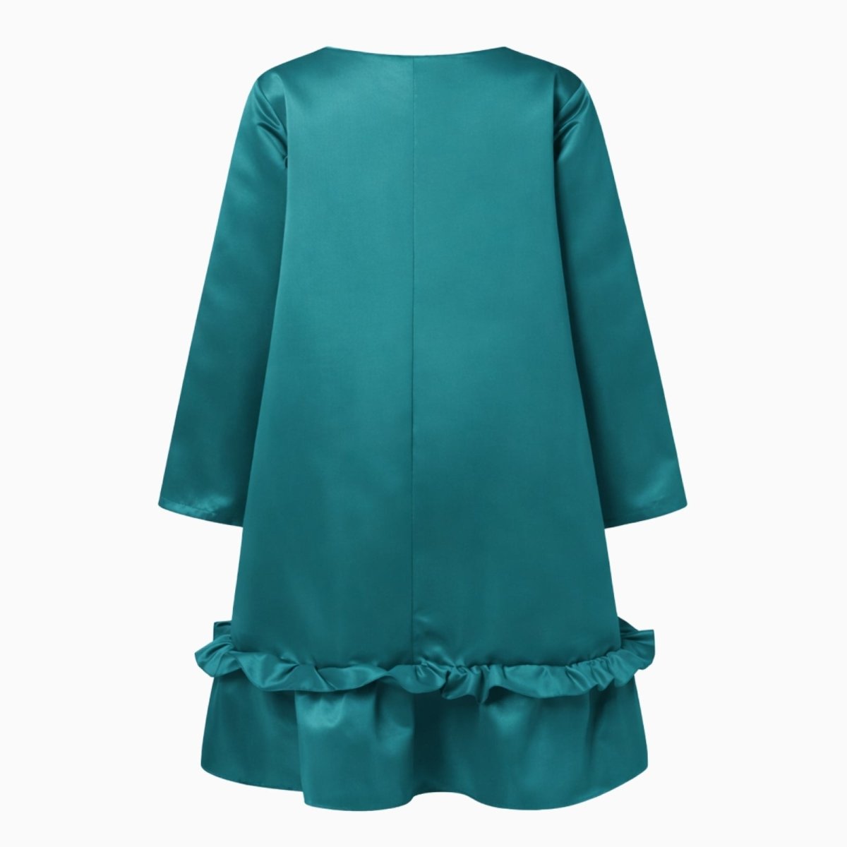 kouvr-adalee-teal-satin-dress-flatlay-back.
Back flatlay of the Kouvr Adalee teal satin dress showing the clean lines and seam details.