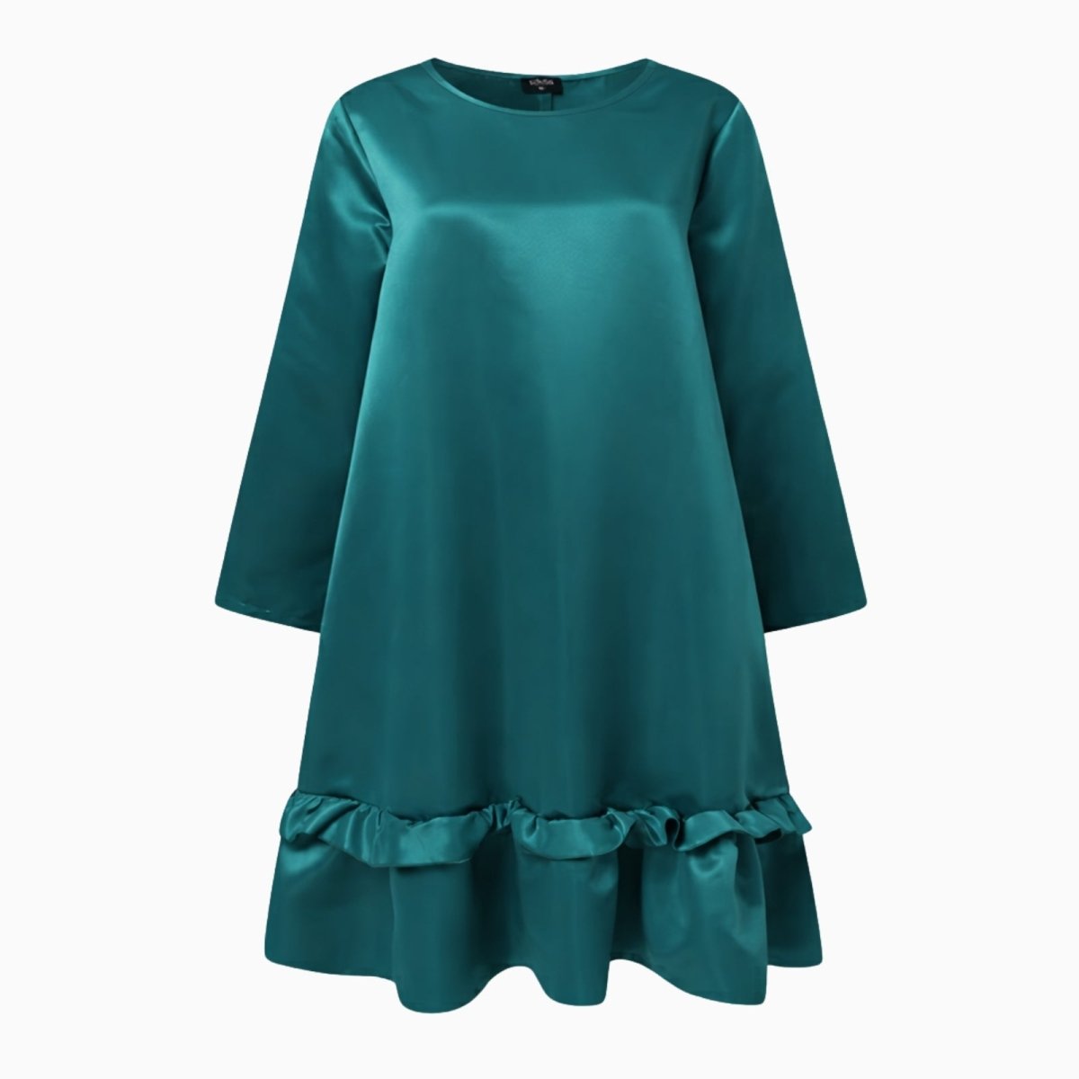 Front flatlay of the Kouvr Adalee teal dress showcasing its crew neck, long sleeves, and ruffle hem.