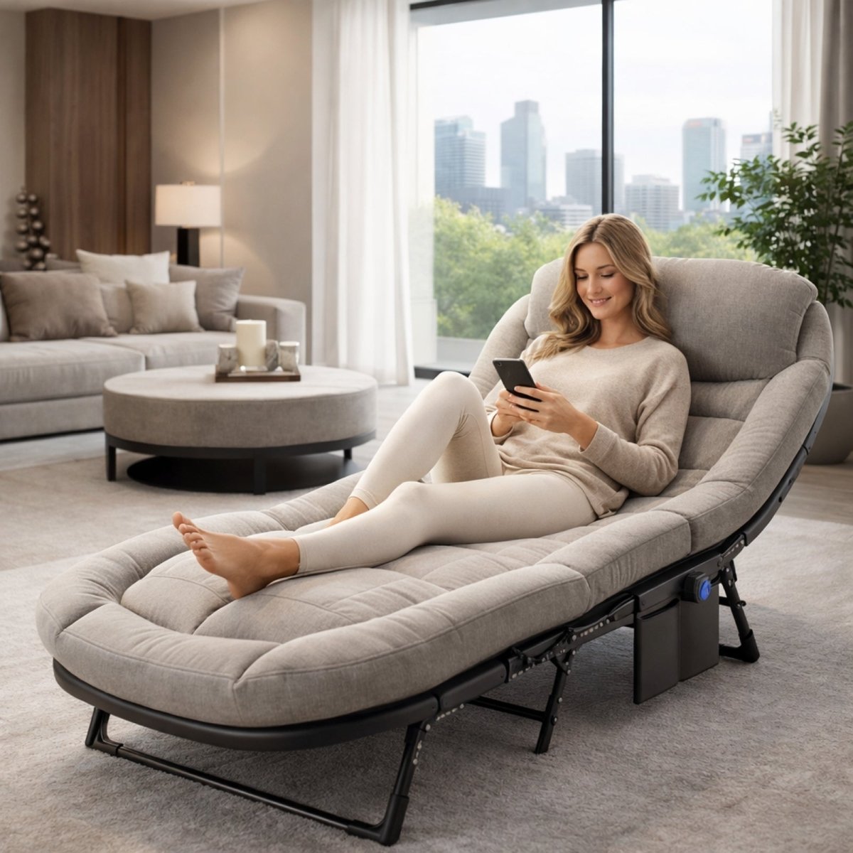 A woman relaxes on the Kouvr adjustable grey chaise lounge in a modern, sunlit living room, demonstrating its use as a luxury daybed.
