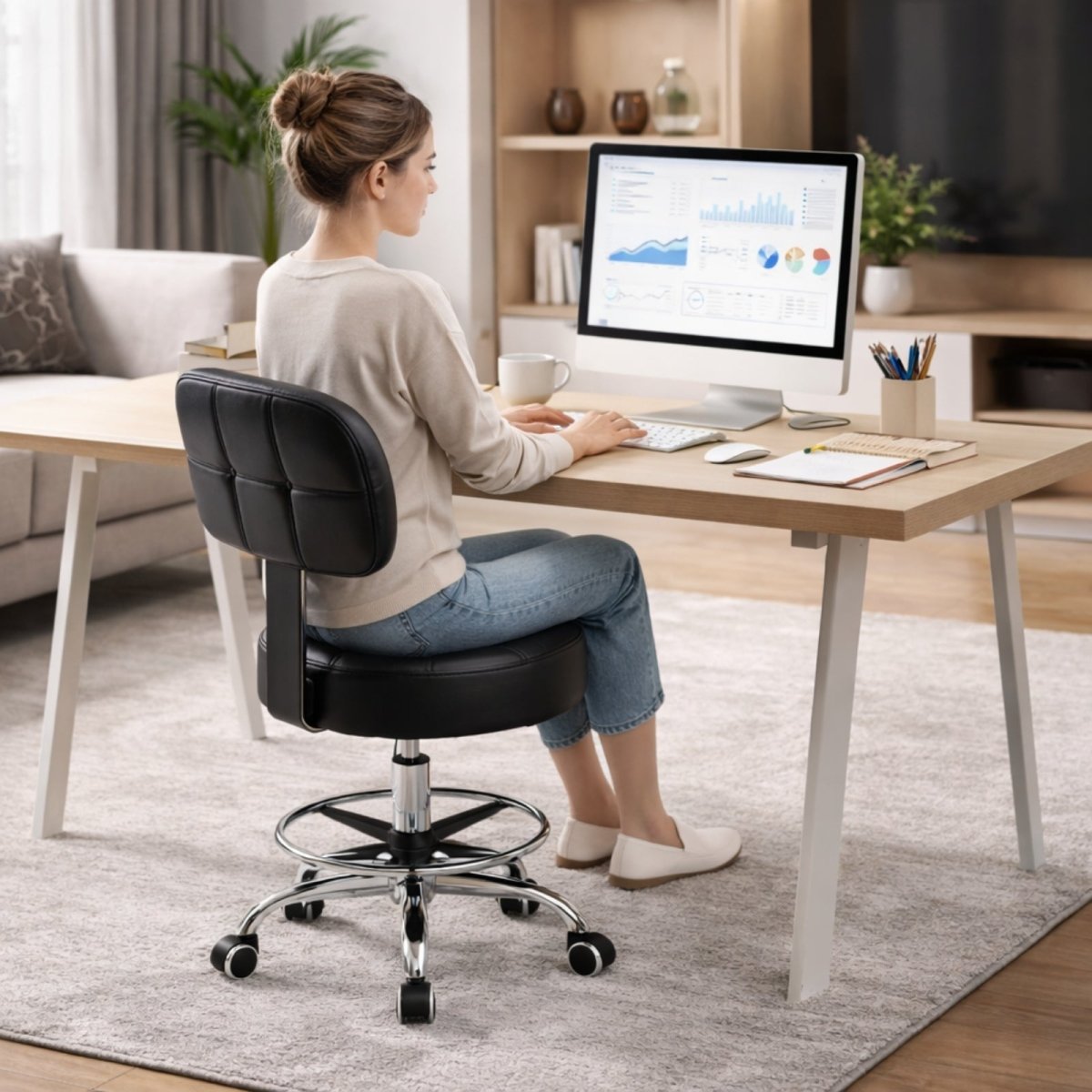 A woman working at a large monitor on a light wood desk, seated comfortably on the Kouvr adjustable black drafting stool with back support.