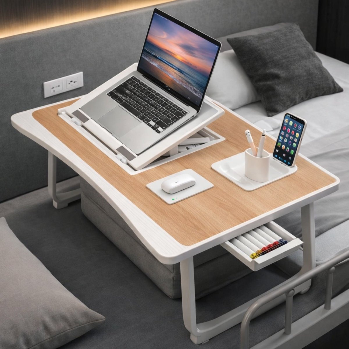 Kouvr adjustable laptop bed tray in light wood finish featuring a tilting stand for ergonomics, shown on a grey bed with a laptop, mouse, and phone in the dedicated slot.