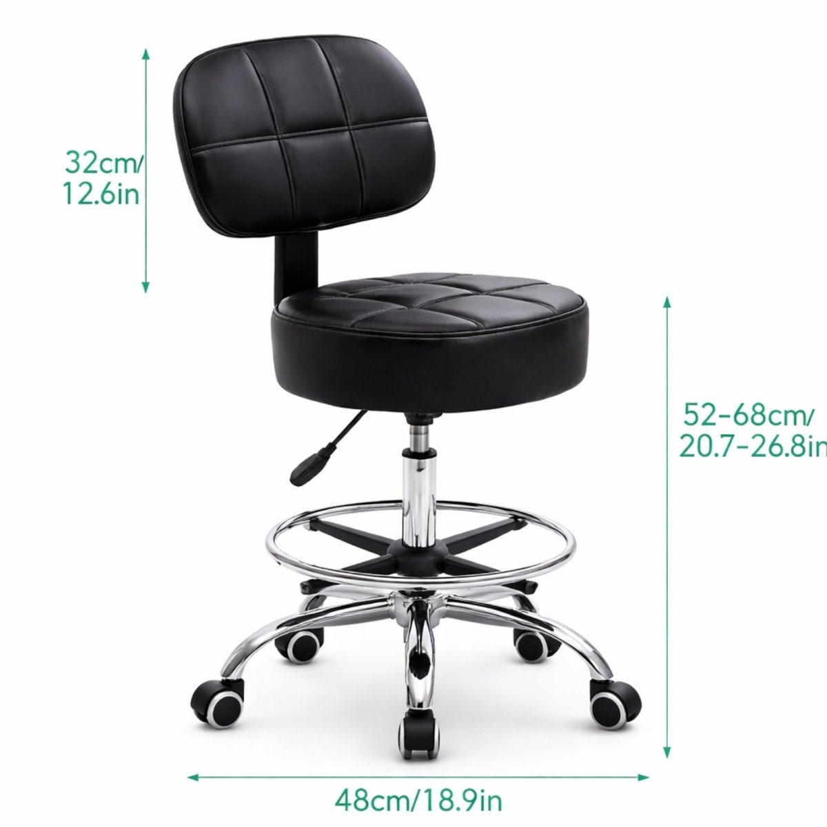 Detailed dimensions of the Kouvr adjustable task stool, showing a height range of 20.7-26.8 inches, a width of 18.9 inches, and a backrest height of 12.6 inches.