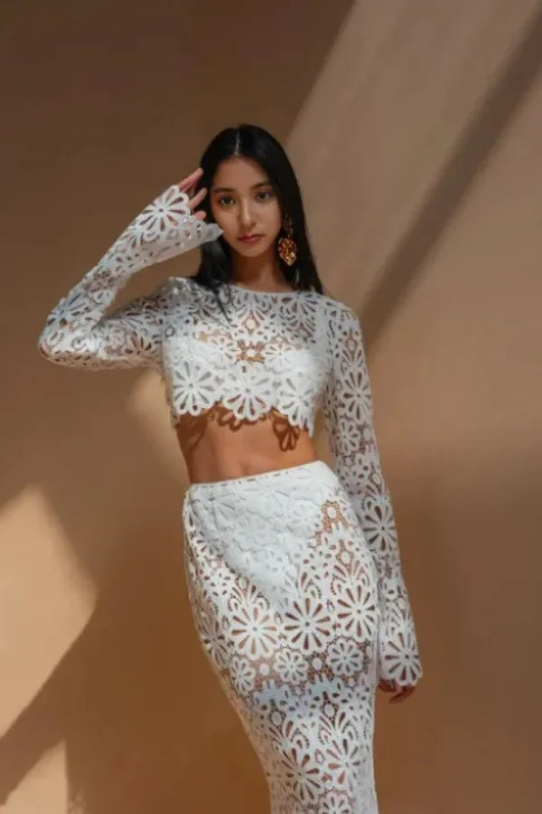 Weave semantically related terms like "eyelet lace outfit," "cutwork matching set," "scalloped hem co-ord," "luxury vacation wear