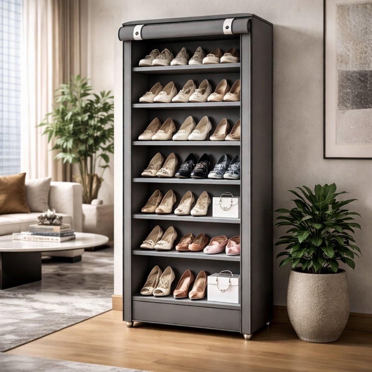 Kouvr Aera 10-tier tall fabric shoe rack in grey, open to reveal organized luxury heels and flats in a modern living room setting.