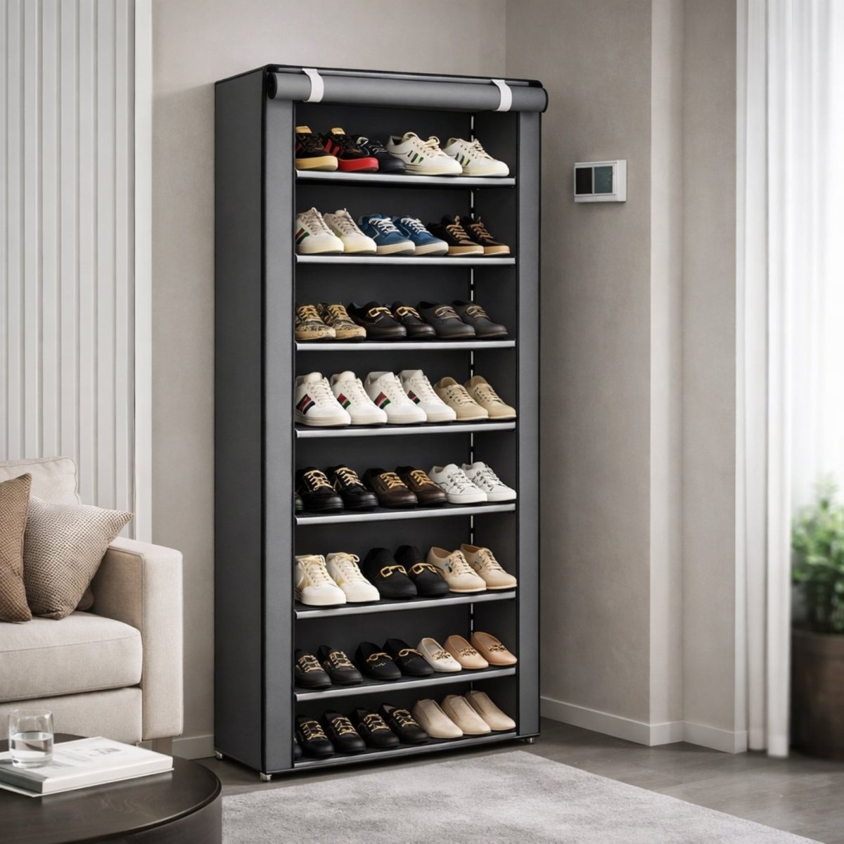 Technical specifications and dimensions for the Kouvr Aera shoe storage cabinet, showing exact measurements for the 6-layer, 8-layer, and 10-layer height options.