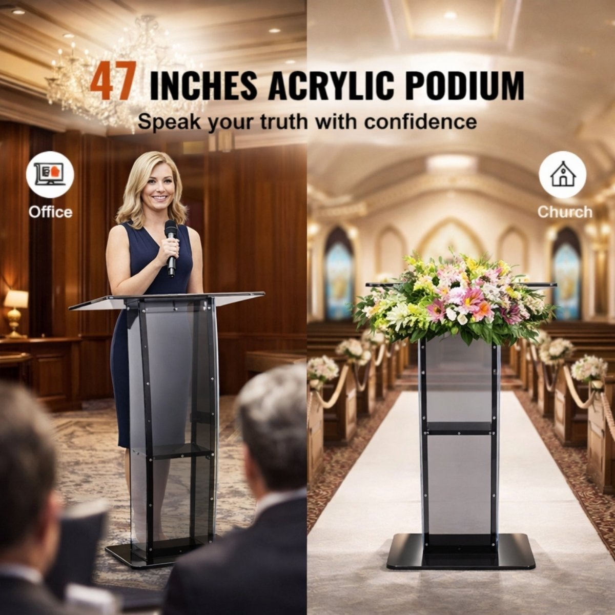 The Kouvr Aethel acrylic podium in use at a corporate office presentation and decorated with flowers in a church sanctuary.