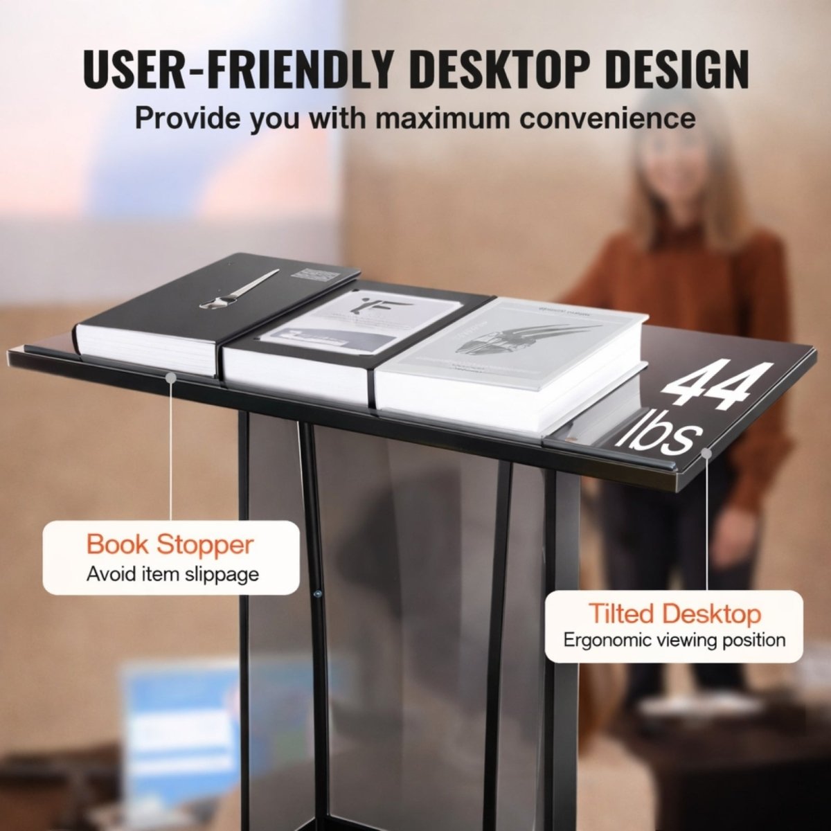 Close-up of the Kouvr Aethel podium's user-friendly tilted desktop with a book stopper and 44 lbs weight capacity.