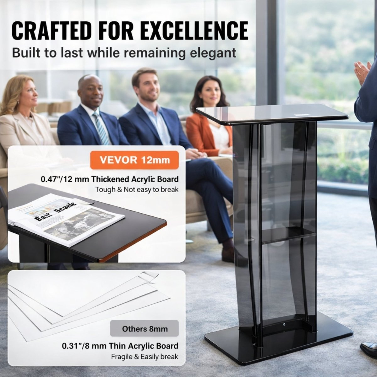 Detail shots of the Kouvr Aethel podium highlighting the durable 12mm thick acrylic board compared to thinner alternatives.