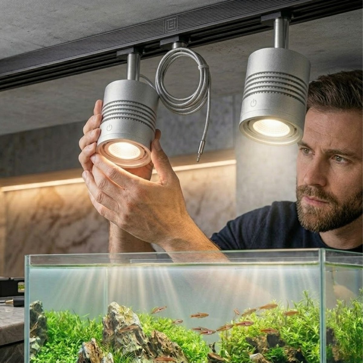 Homeowner adjusting silver Kouvr smart LED aquarium light mounted on a modern ceiling track over a lush planted aquascape tank.