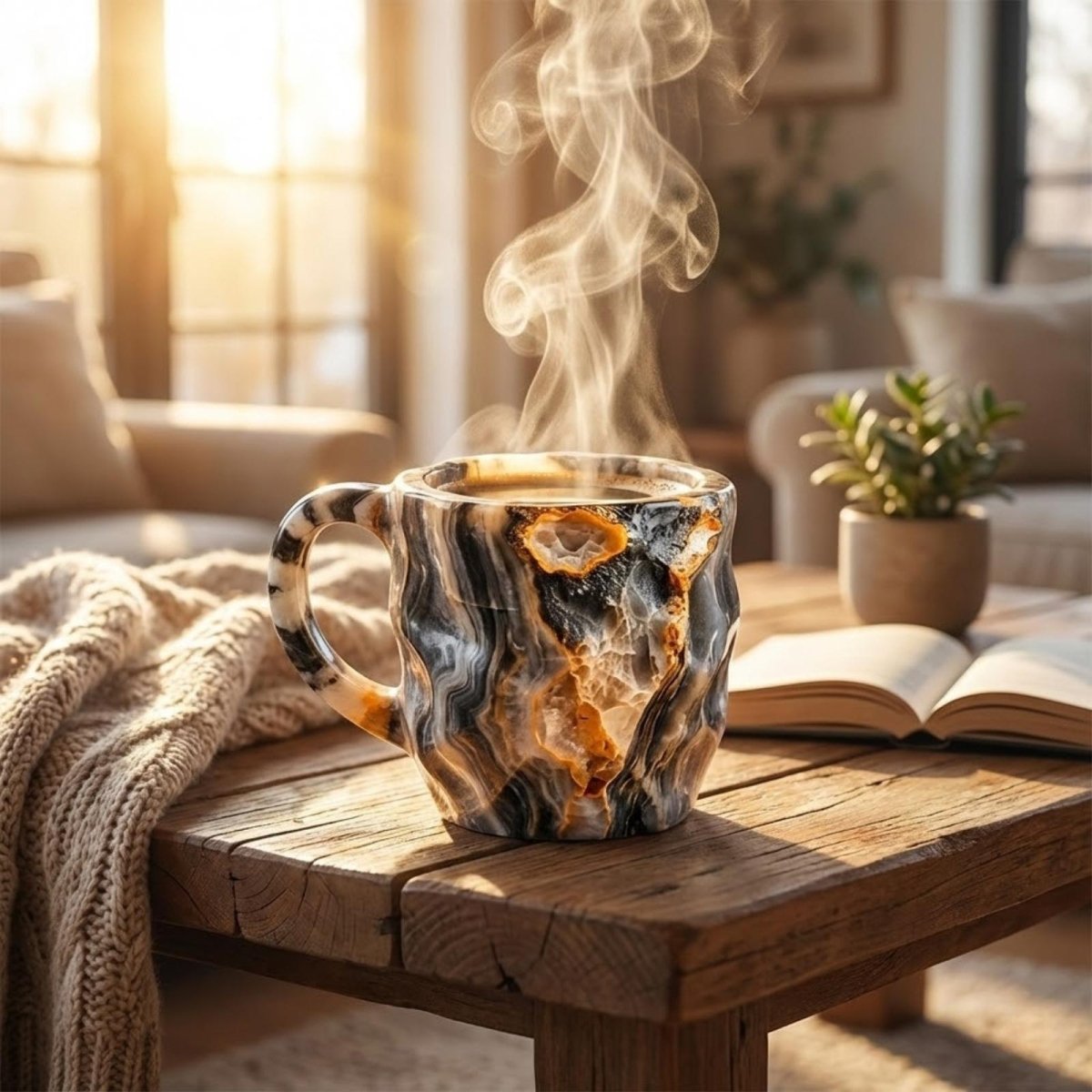 The unique Kouvr agate crystal mug sitting on a rustic wooden coffee table next to an open book and a knitted blanket in a sunlit living room.