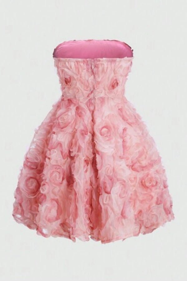 bandeau bodice," "A-line silhouette," "voluminous skirt," "coquette aesthetic," "balletcore dress," and "romantic attire