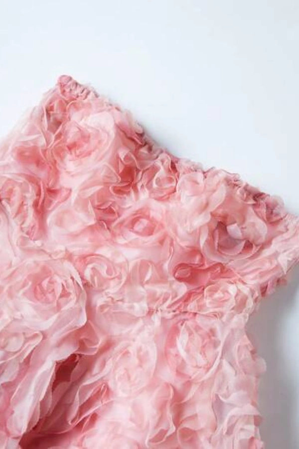 bandeau bodice," "A-line silhouette," "voluminous skirt," "coquette aesthetic," "balletcore dress," and "romantic attire