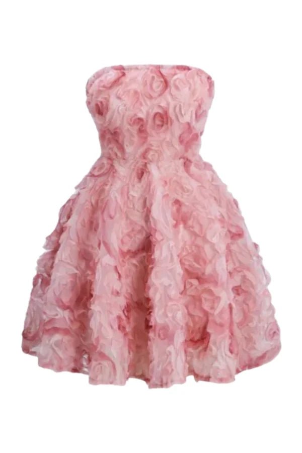 bandeau bodice," "A-line silhouette," "voluminous skirt," "coquette aesthetic," "balletcore dress," and "romantic attire