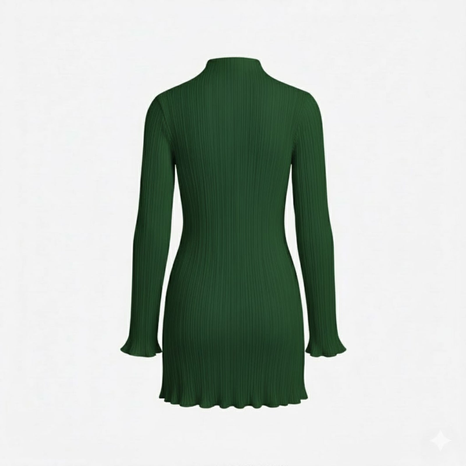 Back view of the Kouvr Agathe green mini sweater dress laid flat against a white background, displaying the full silhouette and texture.