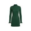 Product-only image of the Kouvr Agathe green ribbed knit dress laid flat, showing the mock neck, long sleeves, and ruffle trim details.