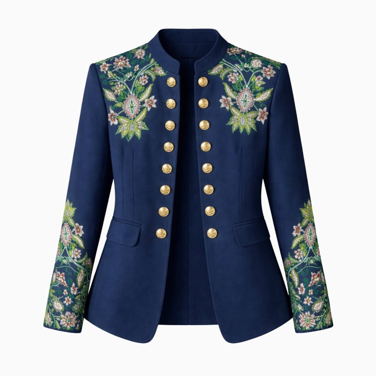 Flat-lay image of the Kouvr Aiko green statement jacket, showing the full front design, stand collar, and intricate floral embroidery.