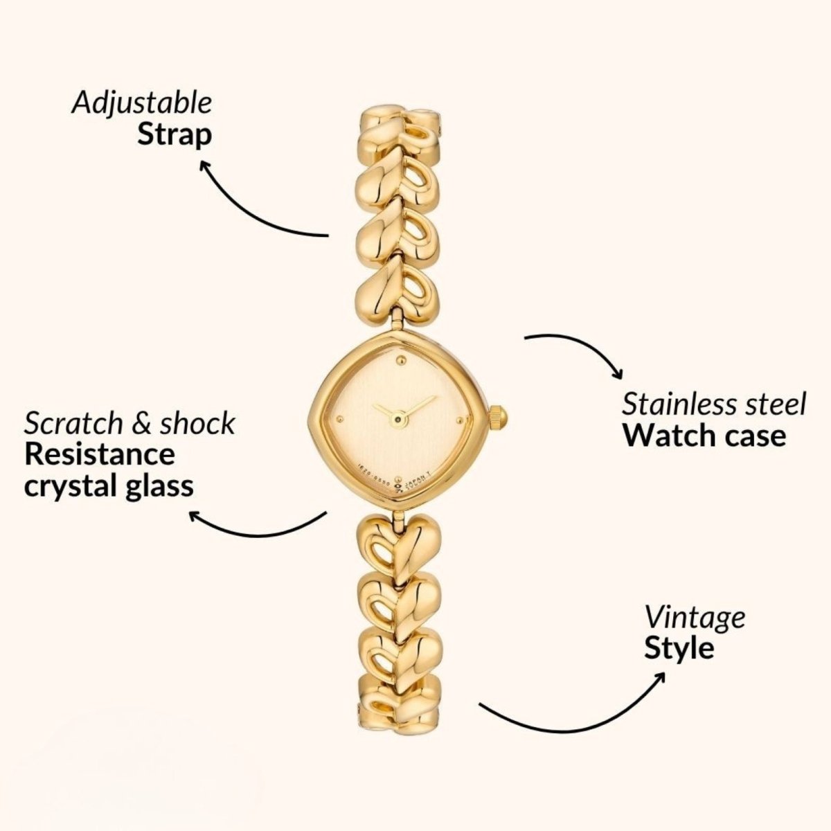 Gold watch with adjustable strap, scratch & shock resistance crystal glass, stainless steel case, and vintage style on a white background.