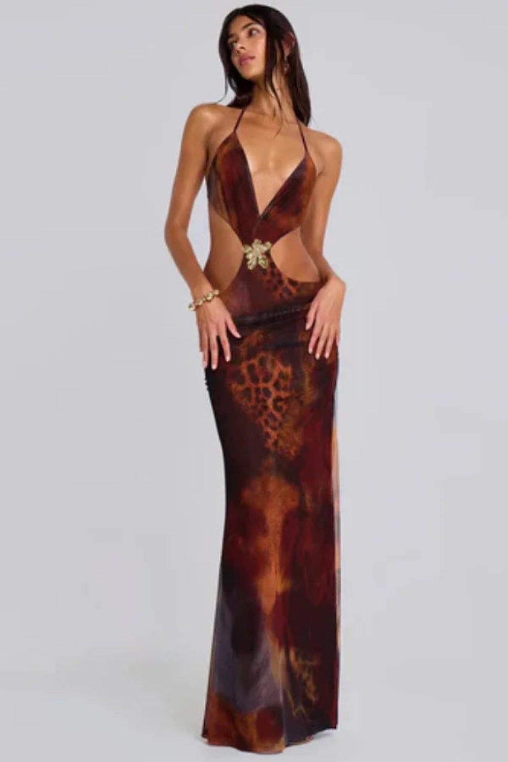 Brown Leopard Print Halter Neck Backless Vacation Dress Cutout Maxi Dress with Gold Butterfly Detail Y2K Style Sheer Mesh Long Evening Gown Brown Leopard Print Halter Neck Backless Vacation Dress Cutout Maxi Dress with Gold Butterfly Detail Y2K Style Sheer Mesh Long Evening Gown