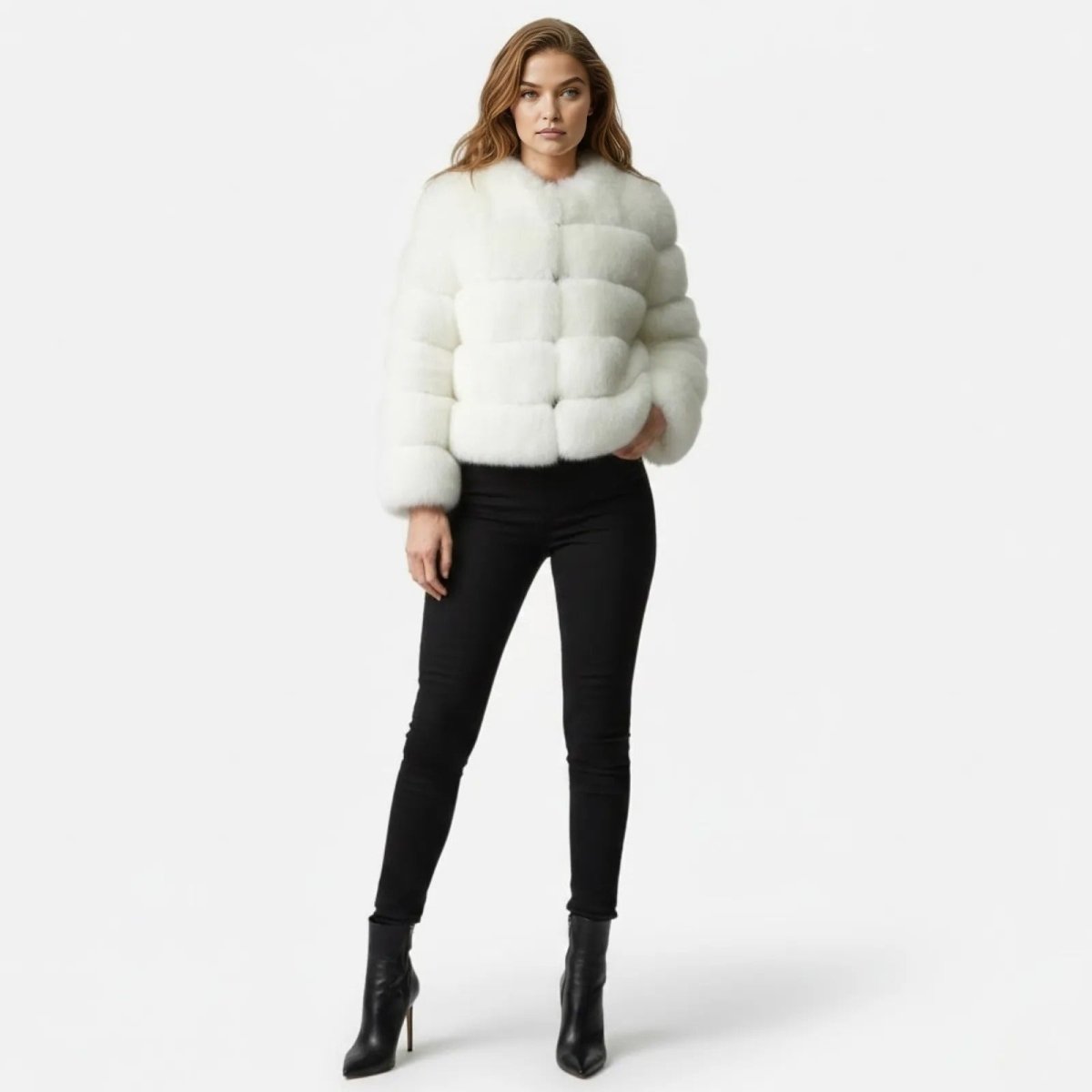 Model facing forward wearing the Kouvr Alexia white tiered faux fur jacket, styled with black skinny pants and black stiletto ankle boots.