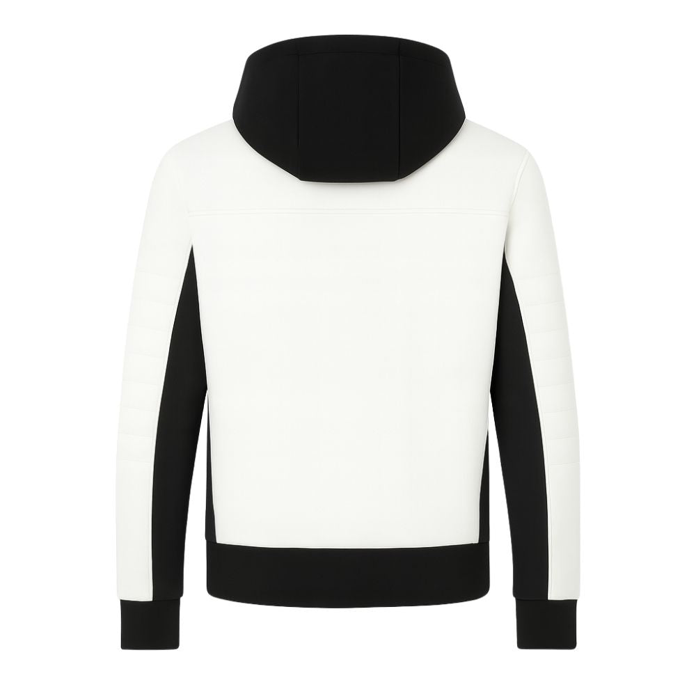 Model wearing the Kouvr Altair men's white and black high neck techwear hoodie