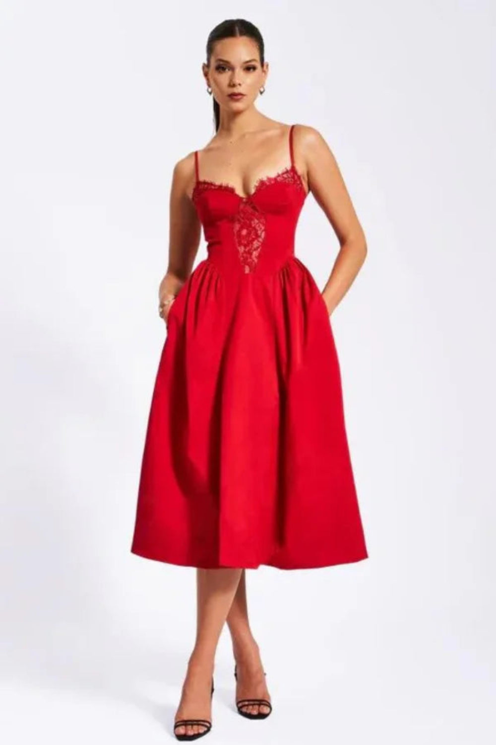 Red Corset Midi Dress with Lace Detail & Pockets | A-Line Taffeta Cocktail Party & Wedding Guest Gown Red Corset Midi Dress with Lace Detail & Pockets | A-Line Taffeta Cocktail Party & Wedding Guest Gown