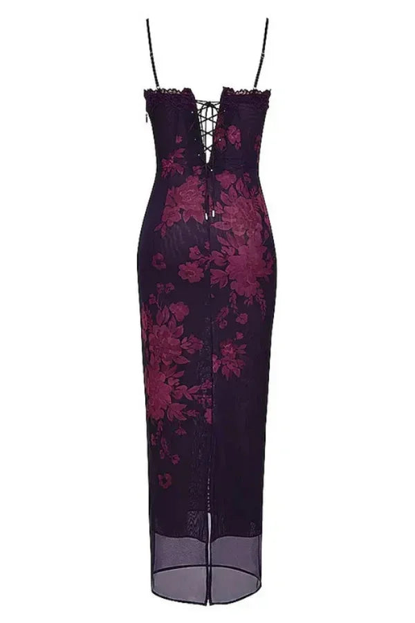 Model wearing Kouvr shaira purple floral corset maxi dress with lace trim for a formal event