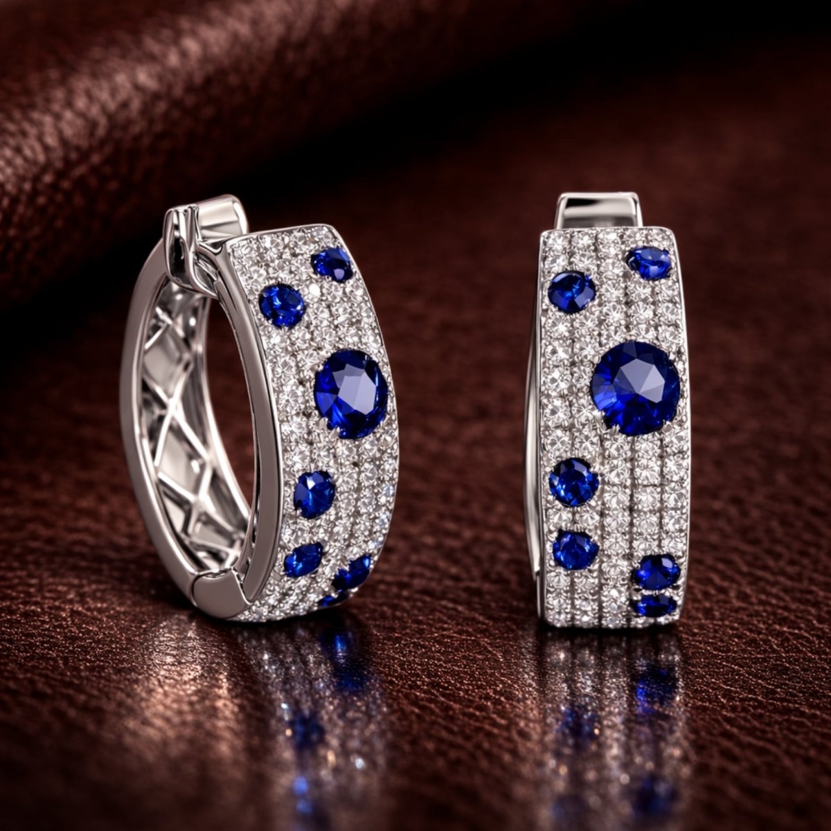 A detailed macro shot of the Kouvr Amaris diamond and sapphire earrings on a textured brown leather surface, highlighting the gemstone quality and pave setting.