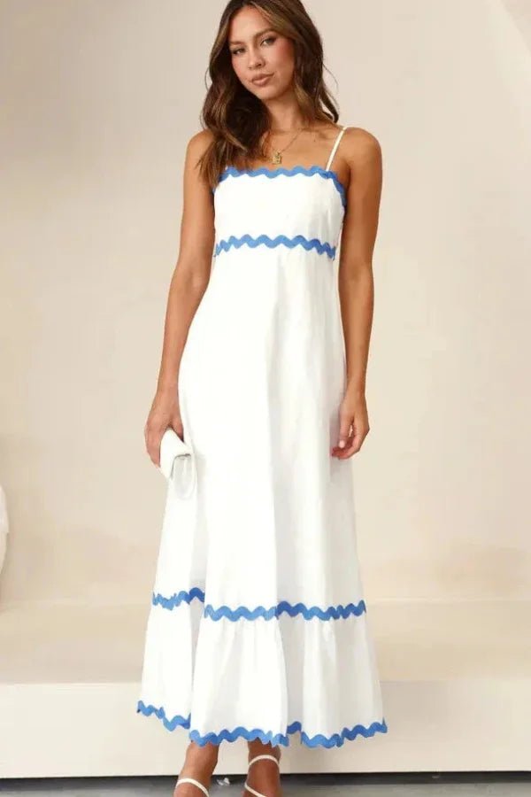 White & Blue Santorini Scalloped Maxi Dress