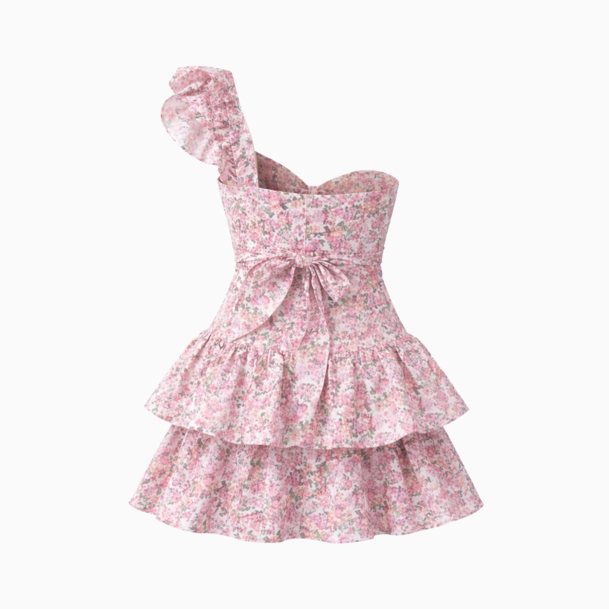 Product image of the back of the pink floral mini dress featuring the large waist tie bow.