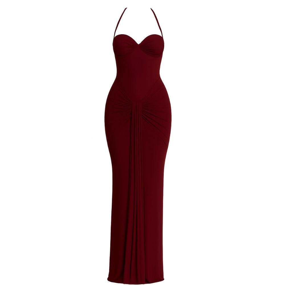 Model wearing Kouvr Fashion Amoura Gown in burgundy showing side mesh panel detail
