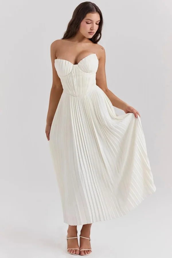 White Corset Midi Dress with Pleated Skirt | Strapless Sweetheart Bustier |  Elegant Cocktail Wedding Guest & Bridal Rehearsal Dinner Dress