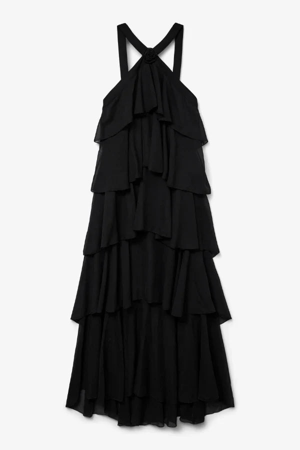 flowy," "cascading," "elegant silhouette," "floor-length," "sophisticated," and "minimalist formalwear