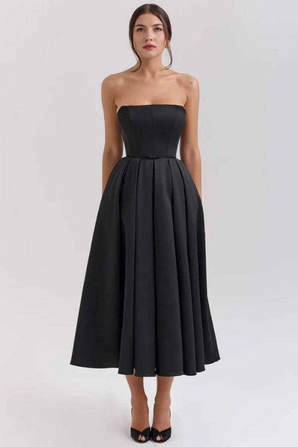 Black Strapless Midi Dress Elegant Pleated A-Line Skirt Formal Cocktail  Party Gown with Pockets Evening Wear Tea-Length Bustier Bodice