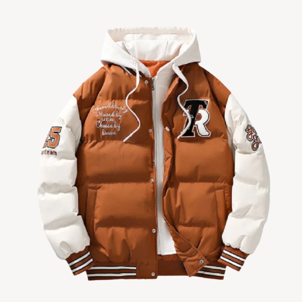 Flatlay product shot of the Kouvr men's camel hooded varsity puffer jacket, open to show the interior lining and layered design.