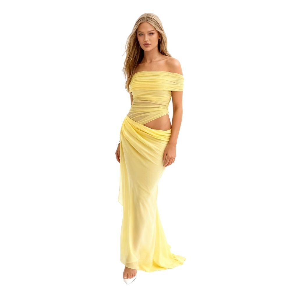 Model wearing the Kouvr Anita Gown in Lemon Chiffon, a yellow off-the-shoulder maxi dress with a side waist cutout