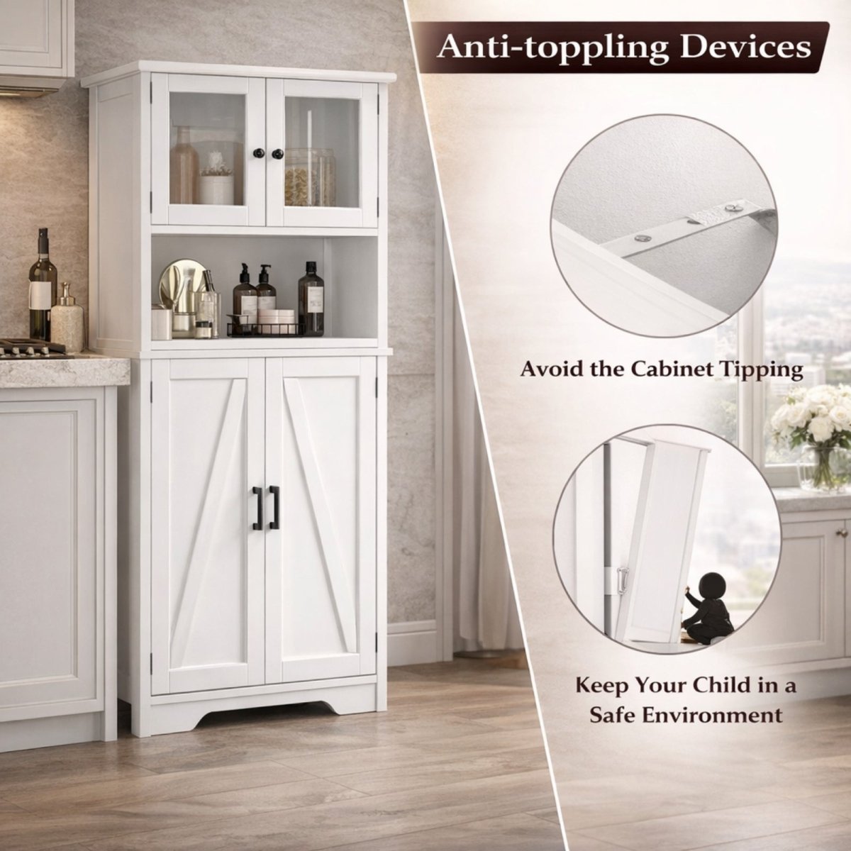 Close-up diagram of anti-toppling safety straps and wall anchors included with the Kouvr cabinet to prevent tipping in homes with children.