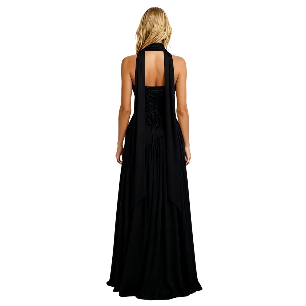 Black Kouvr halter neck gown on a white background