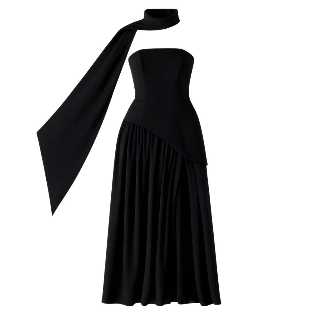 Black Kouvr strapless gown with a flowing cape on a white background