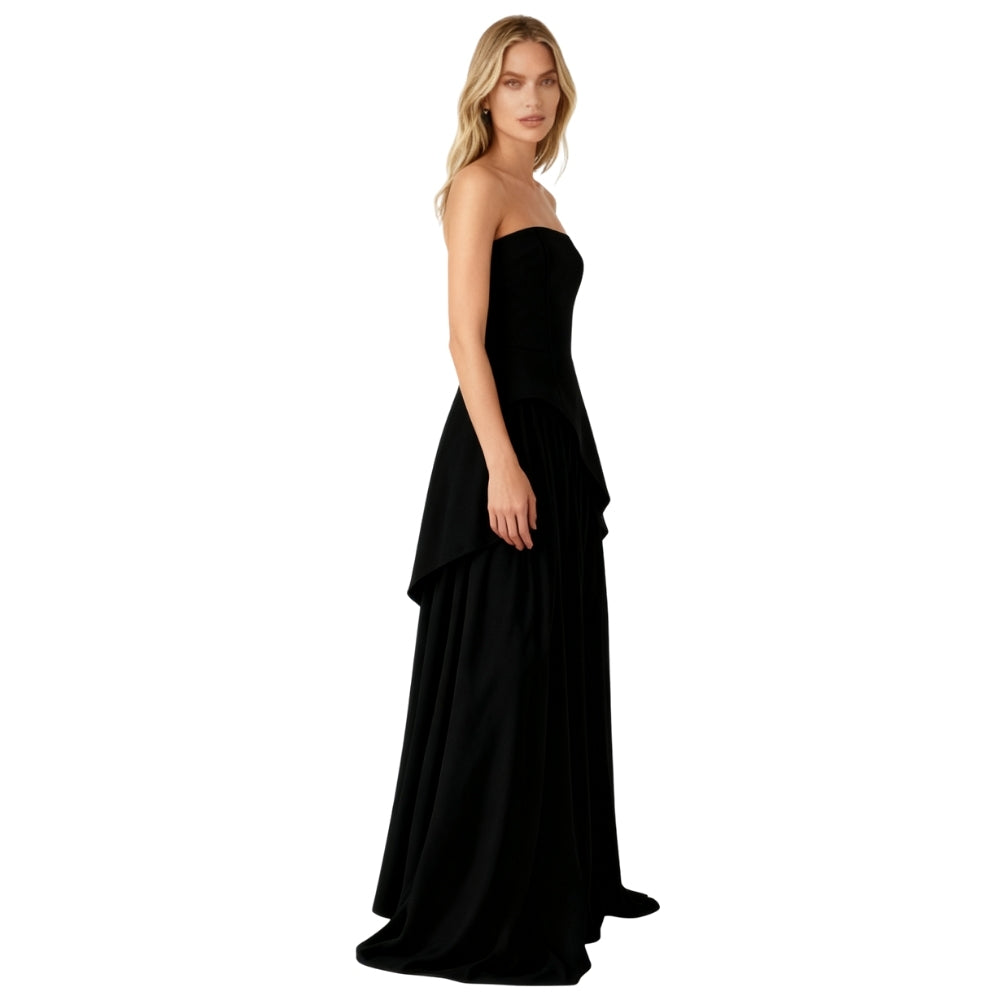 Black Kouvr strapless gown on a white background