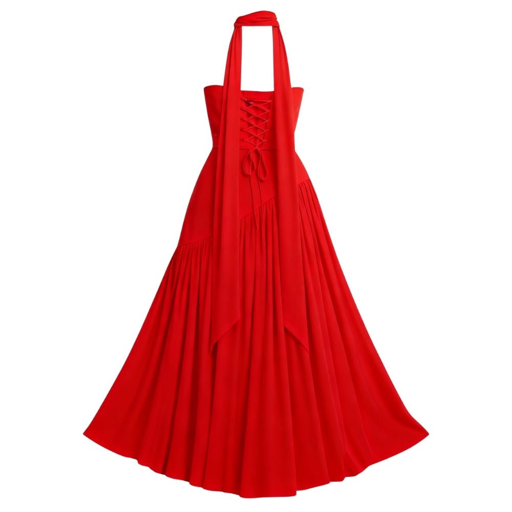 Red Kouvr halter neck dress with lace-up back on a white background