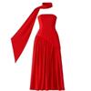 Red Kouvr evening gown with a matching red scarf on a white background